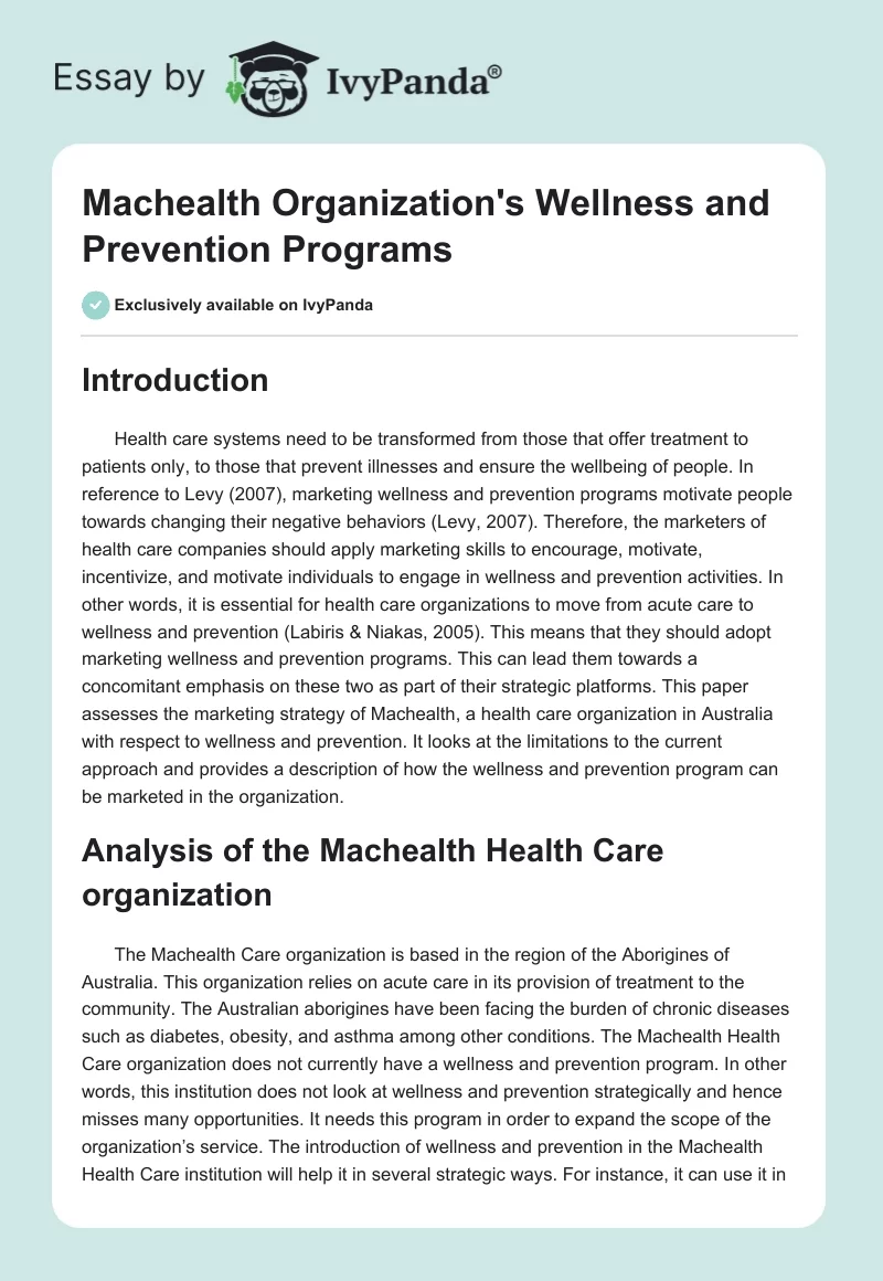 Machealth Organization's Wellness and Prevention Programs. Page 1