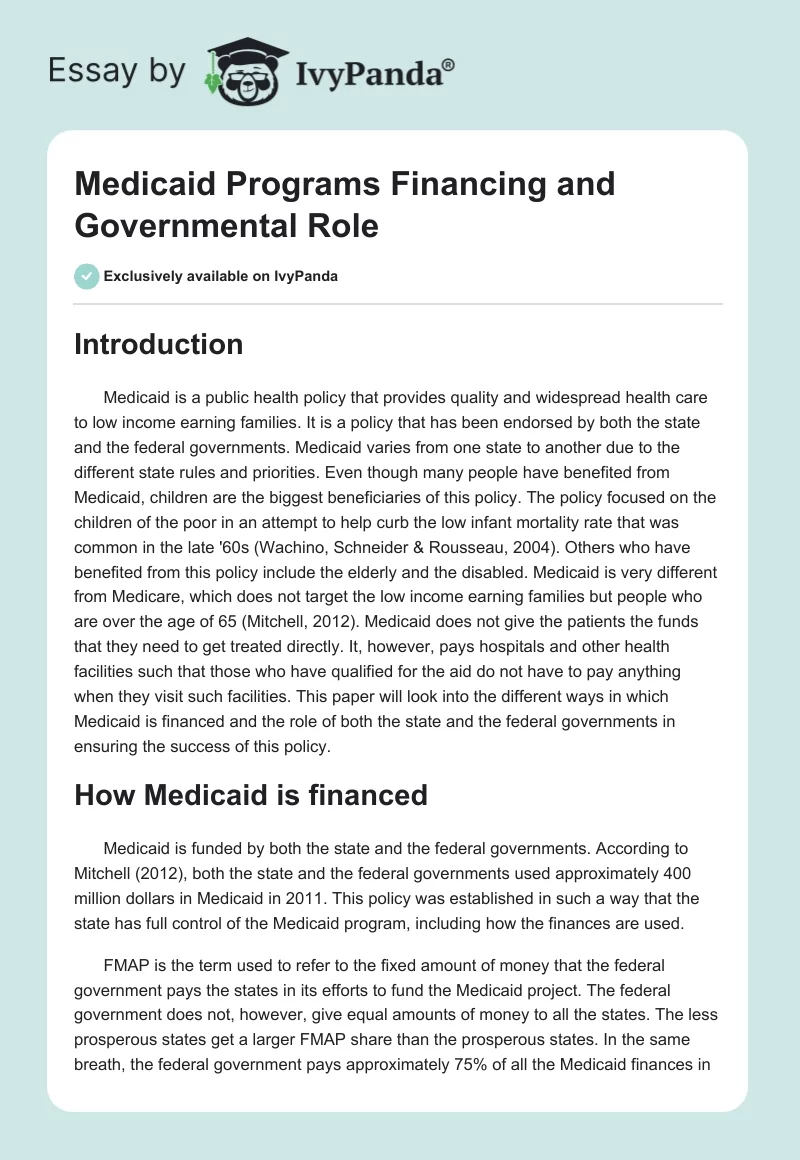 Medicaid Programs Financing and Governmental Role. Page 1