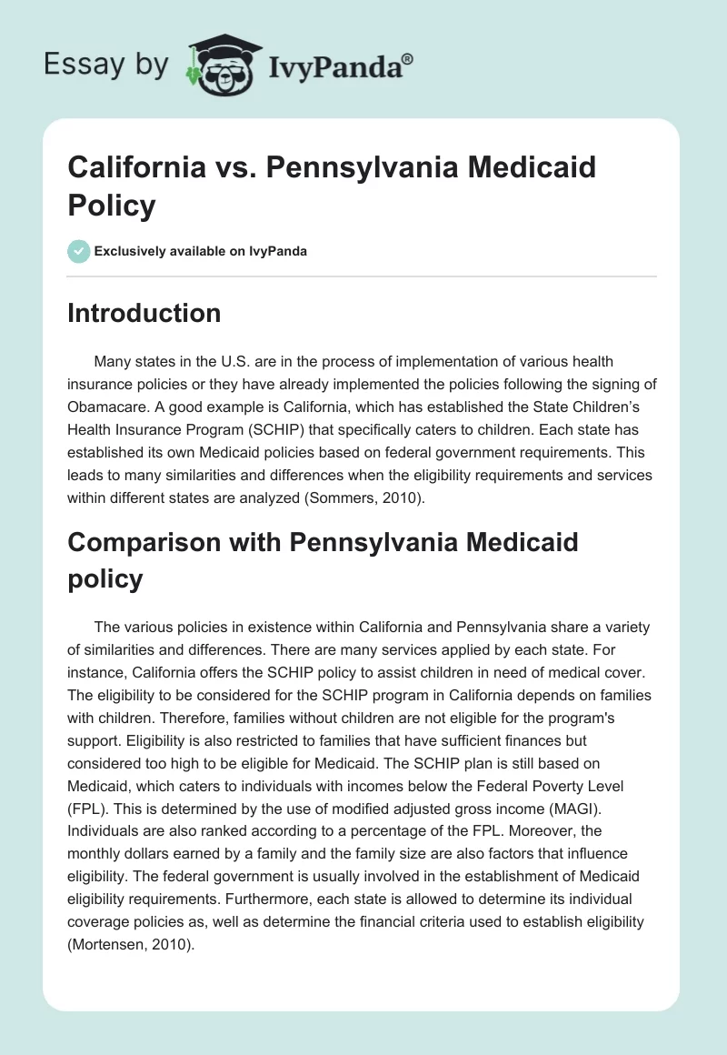 California vs. Pennsylvania Medicaid Policy. Page 1