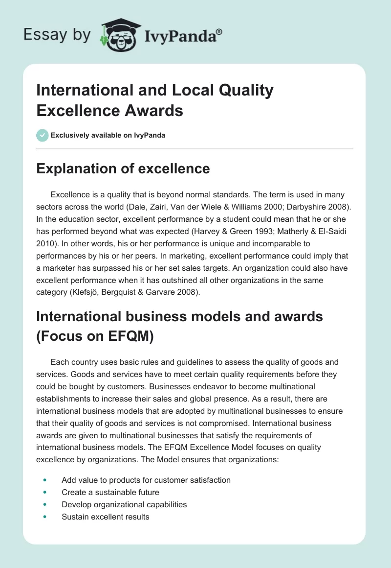 International and Local Quality Excellence Awards. Page 1