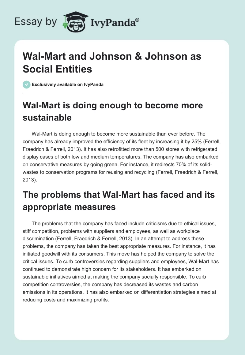 Wal-Mart and Johnson & Johnson as Social Entities. Page 1