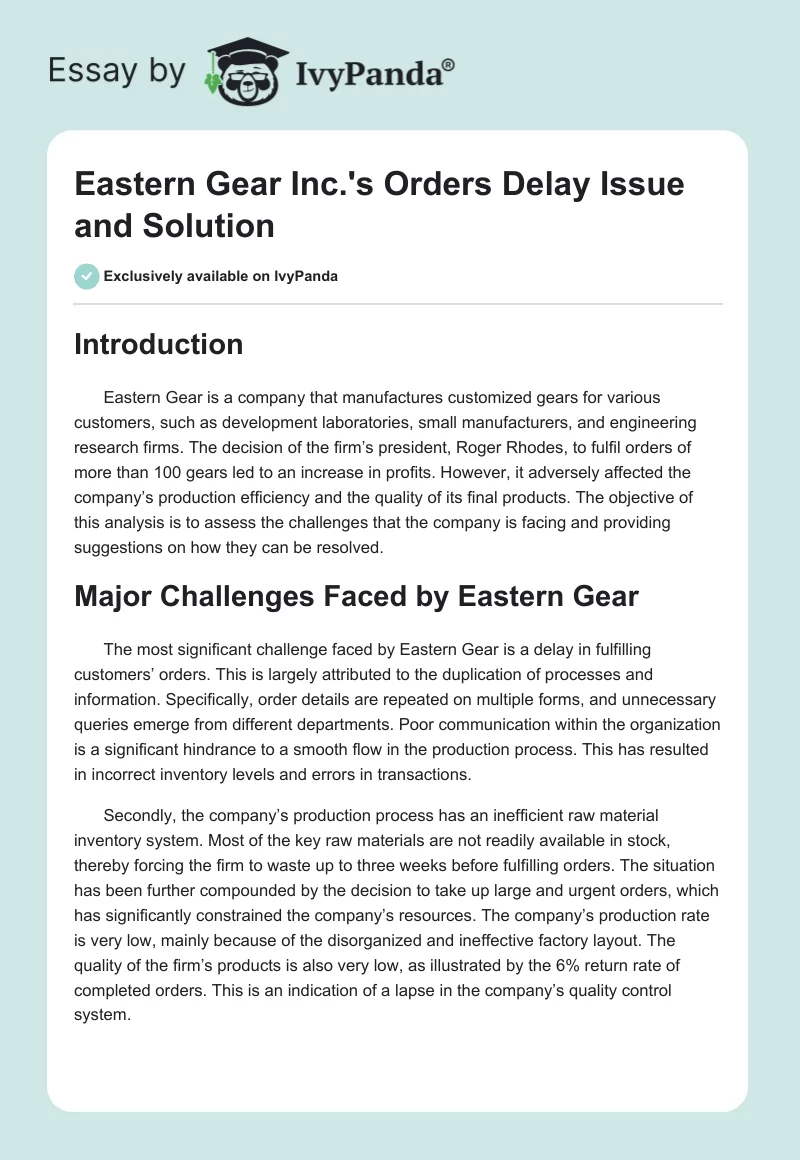 Eastern Gear Inc.'s Orders Delay Issue and Solution. Page 1