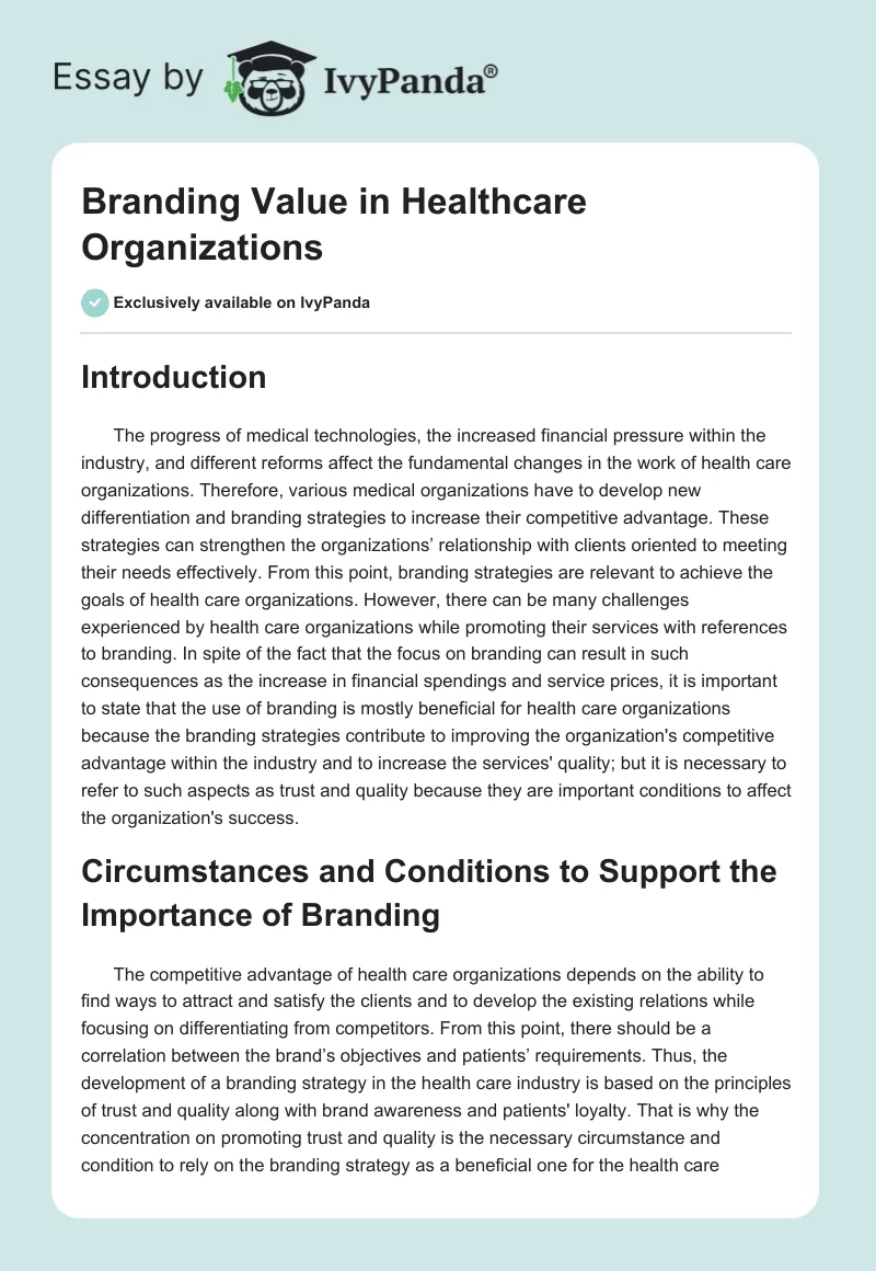 Branding Value in Healthcare Organizations. Page 1