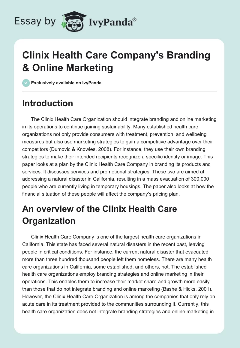 Clinix Health Care Company's Branding & Online Marketing. Page 1
