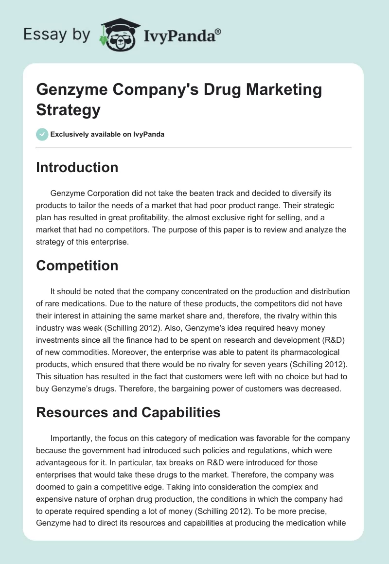 Genzyme Company's Drug Marketing Strategy. Page 1