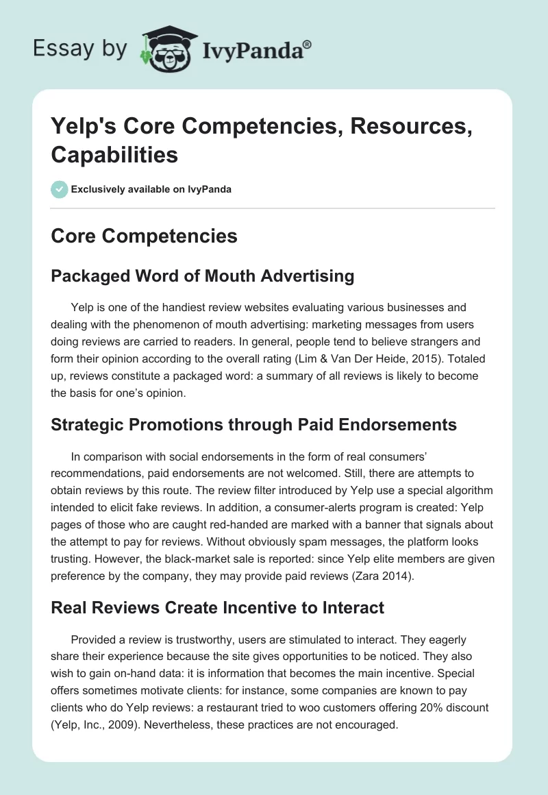 Yelp's Core Competencies, Resources, Capabilities. Page 1