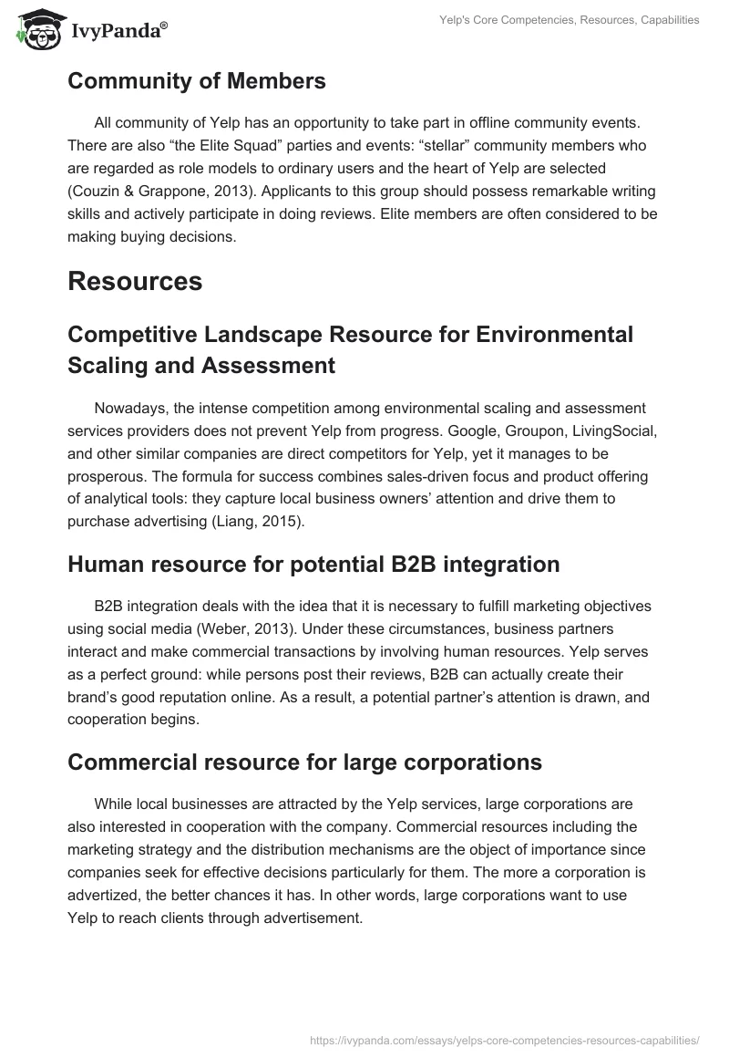 Yelp's Core Competencies, Resources, Capabilities. Page 2