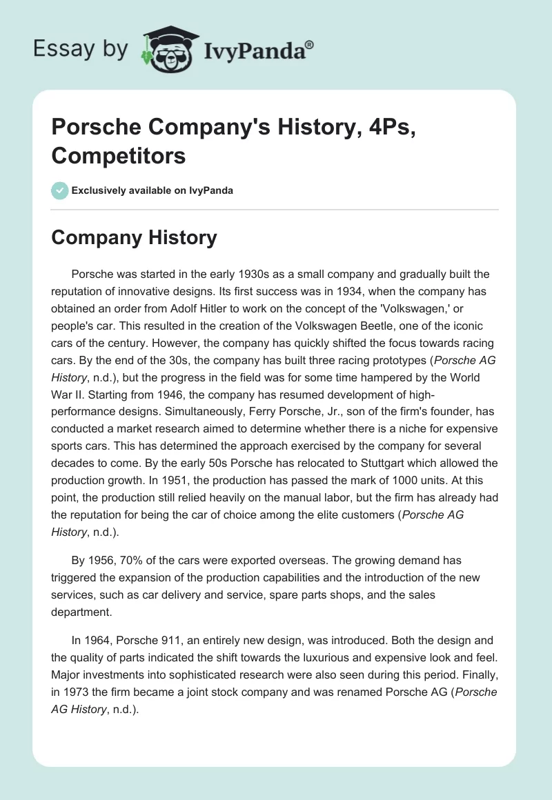 Porsche Company's History, 4Ps, Competitors. Page 1