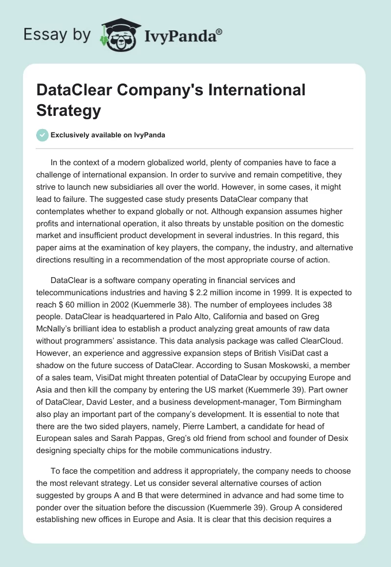 DataClear Company's International Strategy. Page 1