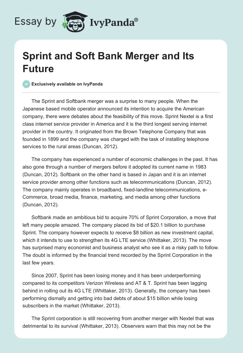 Sprint and Soft Bank Merger and Its Future. Page 1