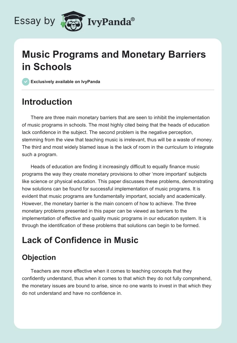 Music Programs and Monetary Barriers in Schools. Page 1