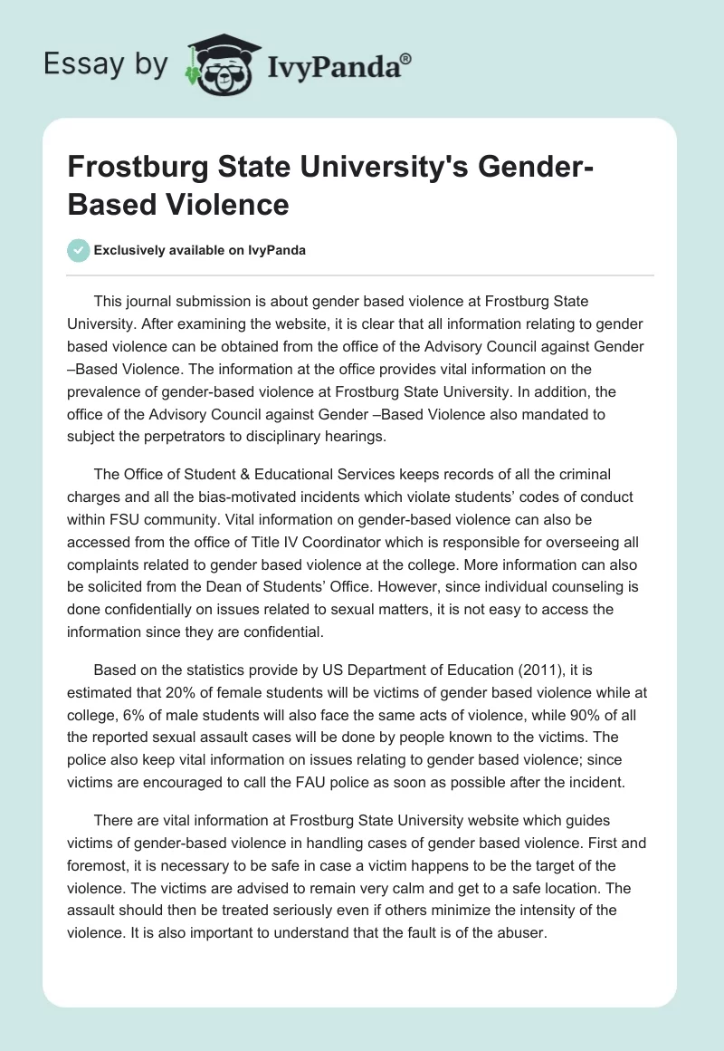 Frostburg State University's Gender-Based Violence. Page 1
