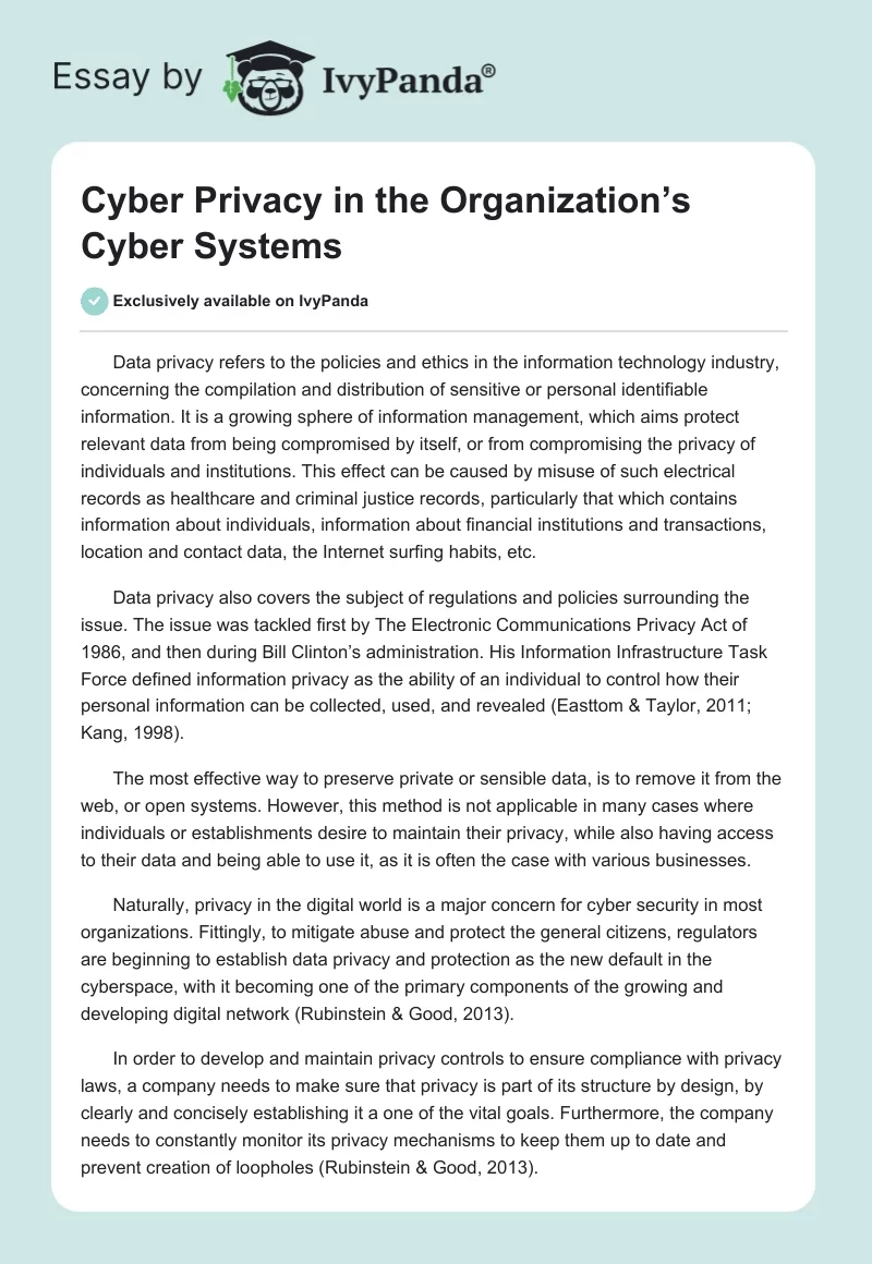 Cyber Privacy in the Organization’s Cyber Systems. Page 1