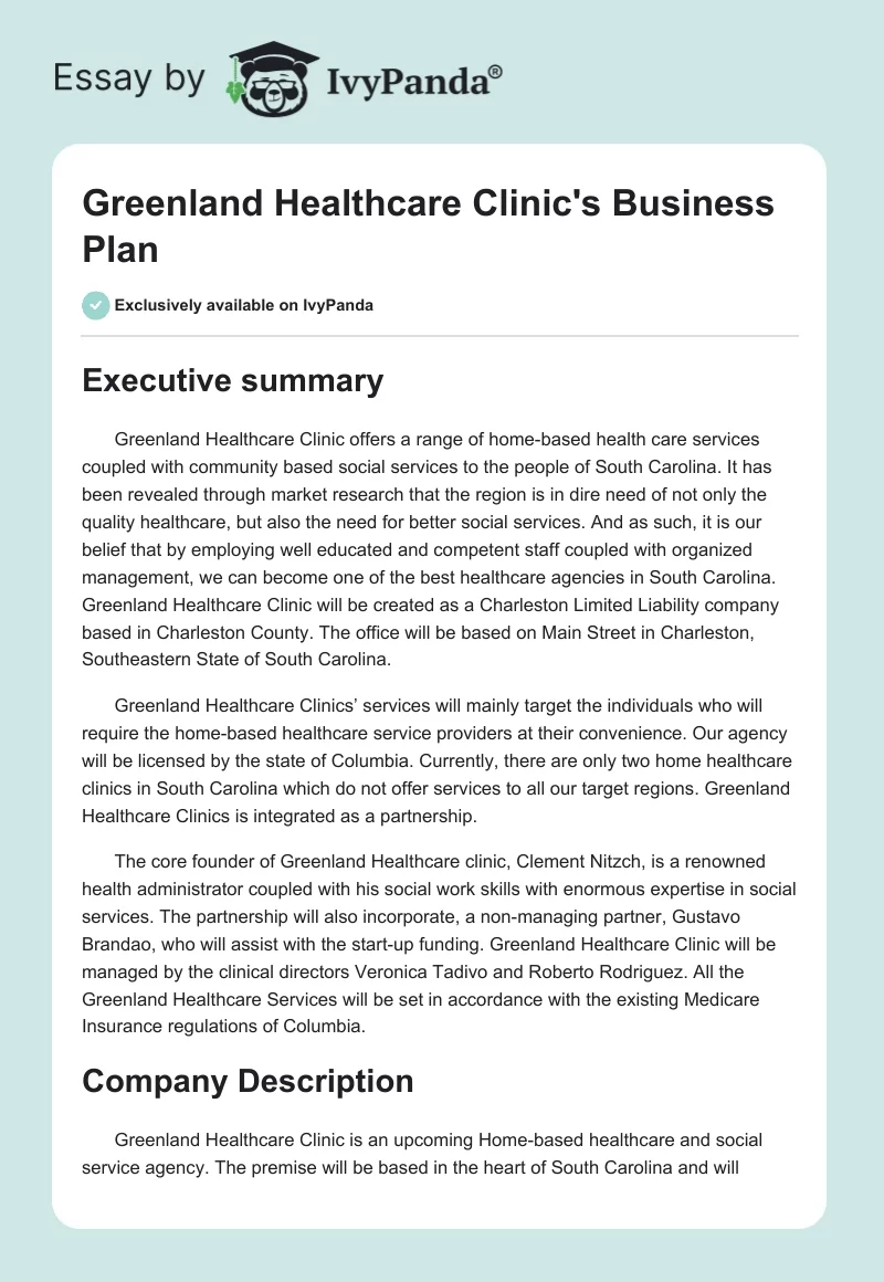 Greenland Healthcare Clinic's Business Plan. Page 1