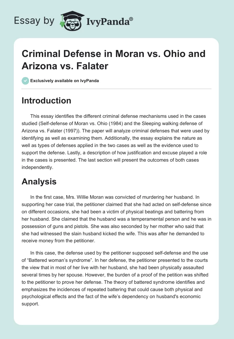 Criminal Defense in Moran vs. Ohio and Arizona vs. Falater. Page 1