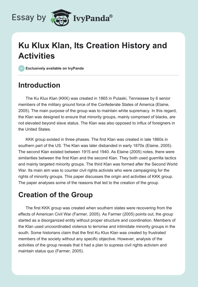Ku Klux Klan, Its Creation History and Activities. Page 1