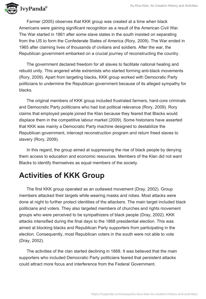 Ku Klux Klan, Its Creation History and Activities. Page 2