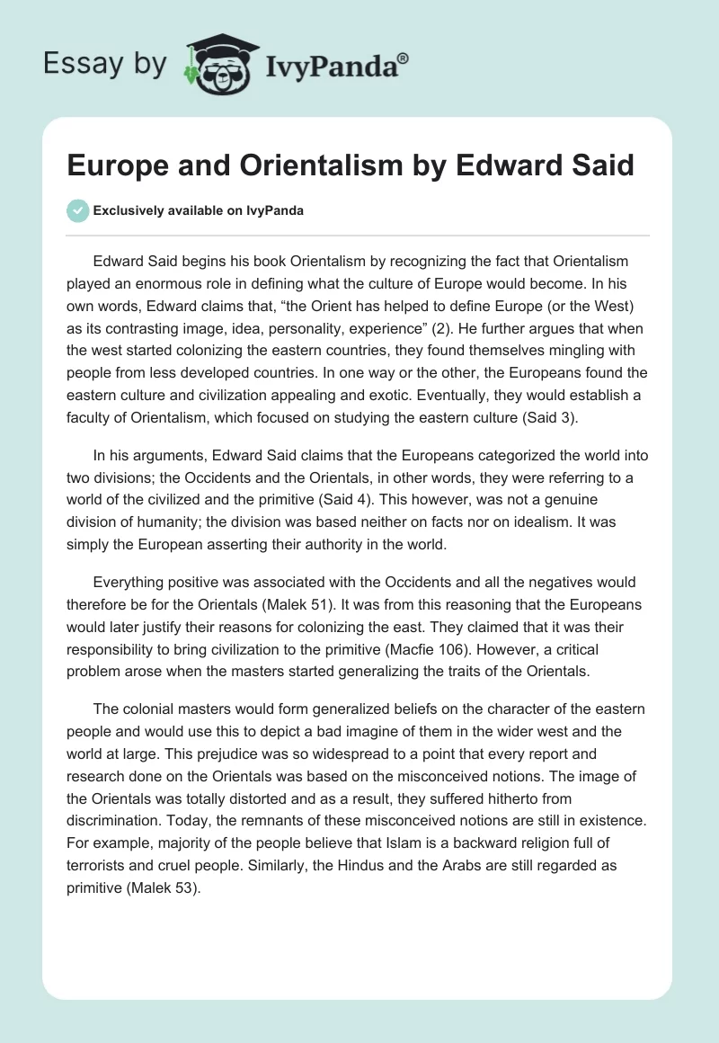 Europe and Orientalism by Edward Said. Page 1