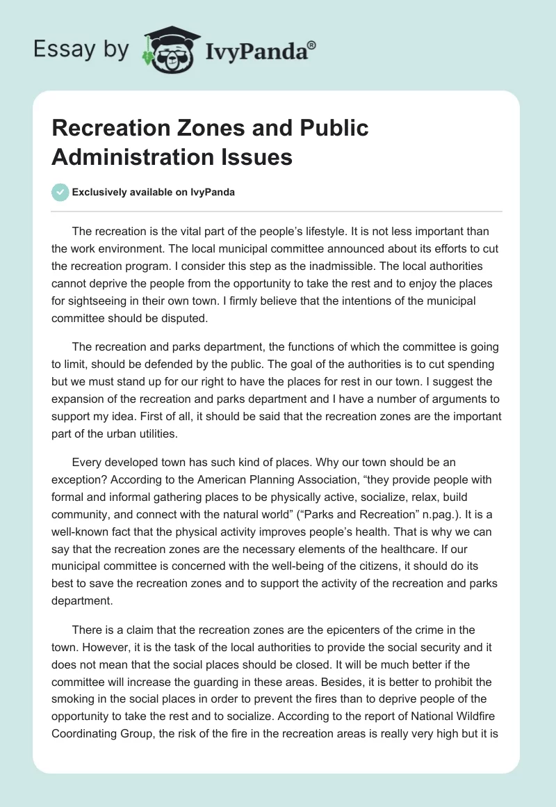 Recreation Zones and Public Administration Issues. Page 1