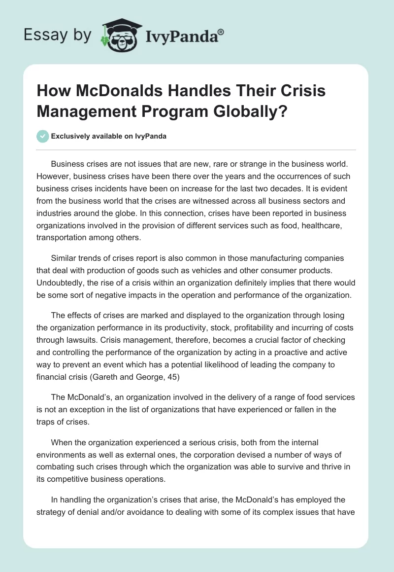 How McDonalds Handles Their Crisis Management Program Globally?. Page 1