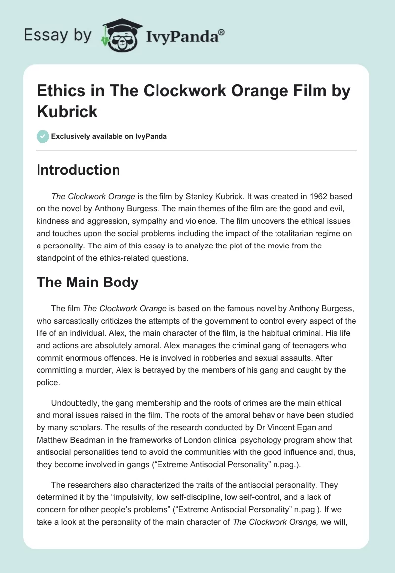 Ethics in "The Clockwork Orange" Film by Kubrick. Page 1