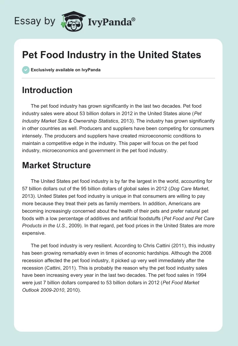 Pet Food Industry in the United States. Page 1