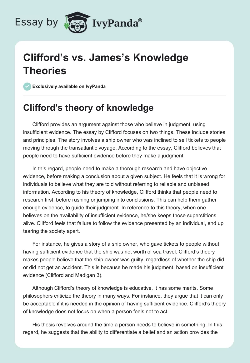 Clifford’s vs. James’s Knowledge Theories. Page 1