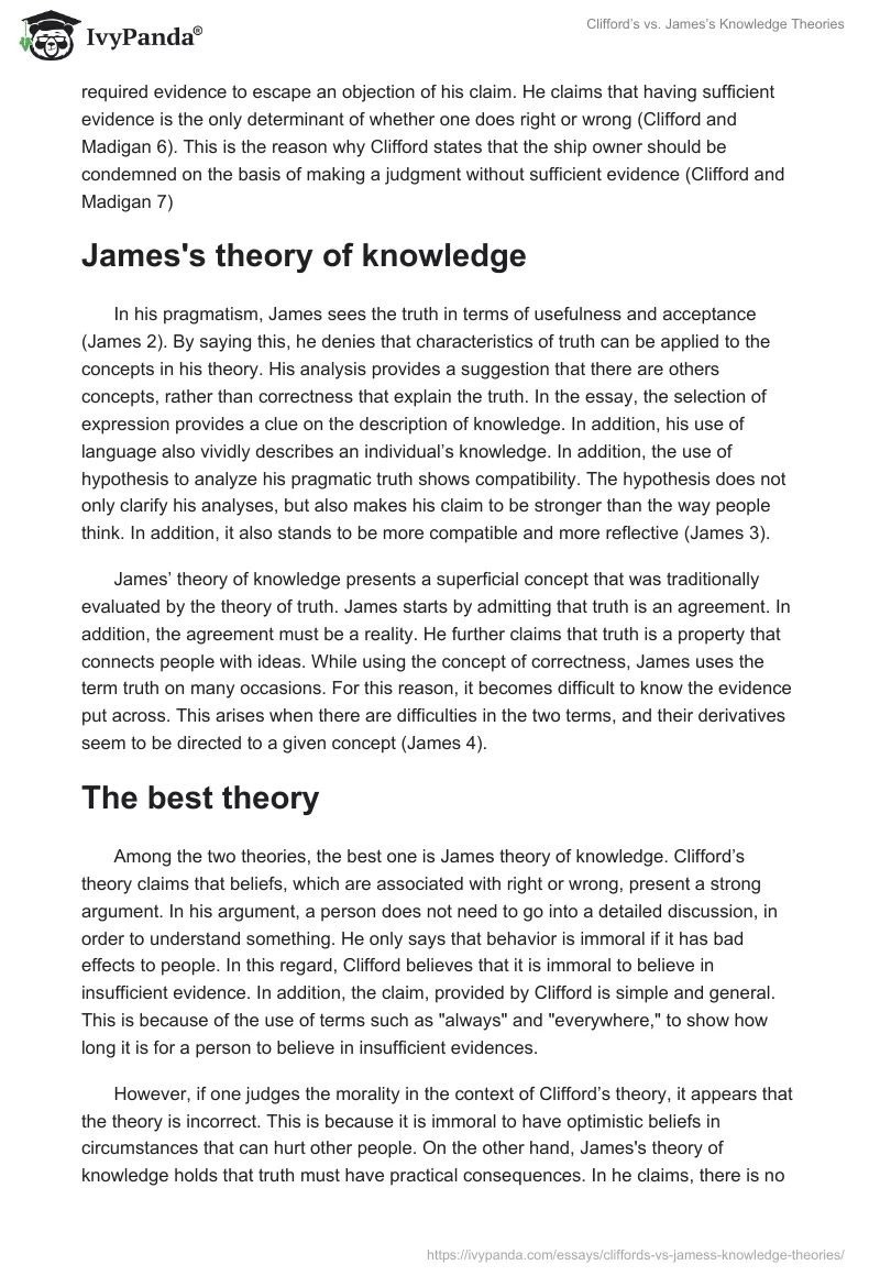 Clifford’s vs. James’s Knowledge Theories. Page 2