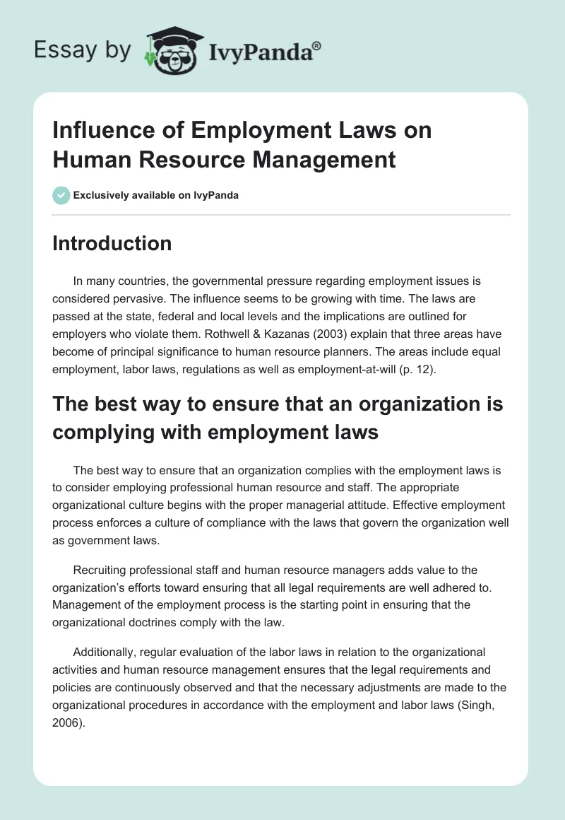Influence of Employment Laws on Human Resource Management. Page 1