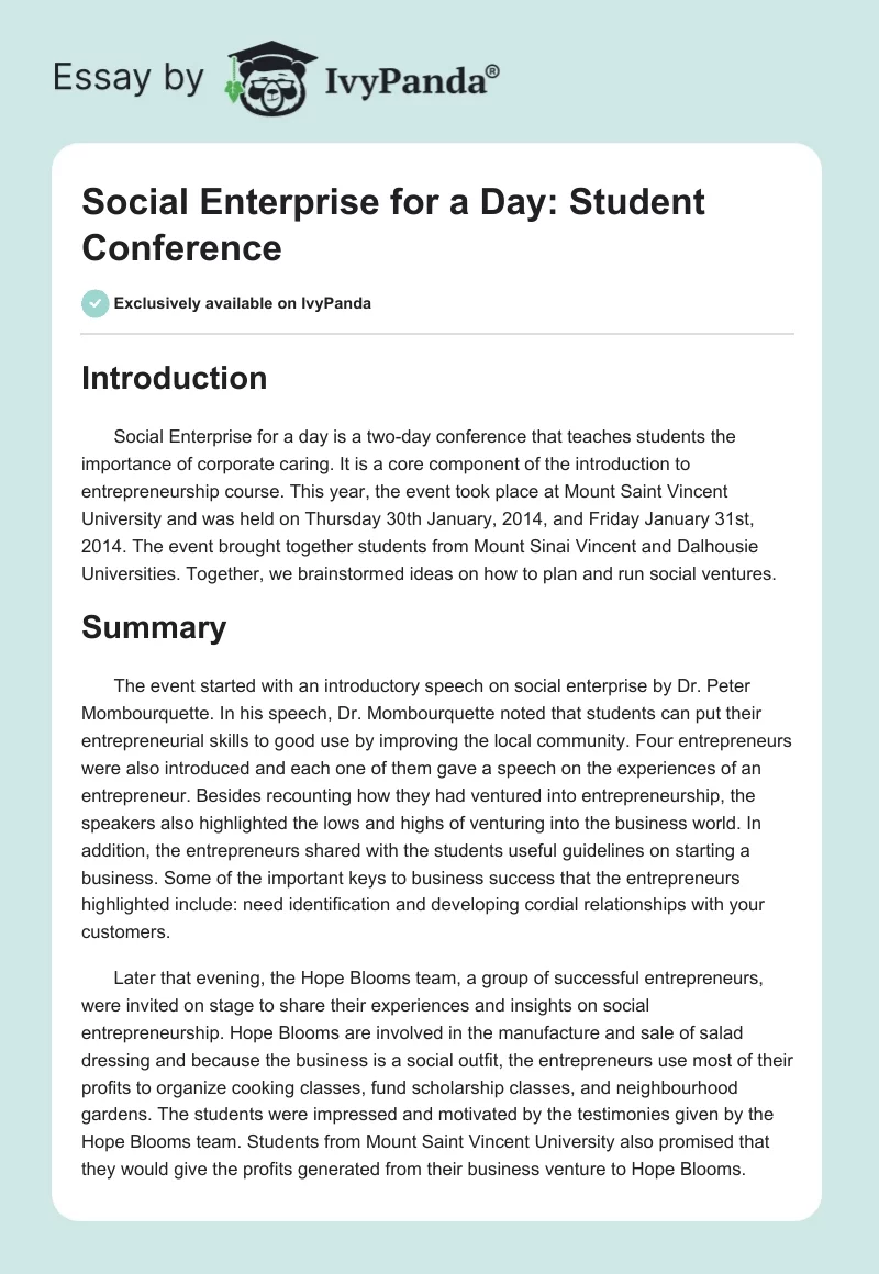 Social Enterprise for a Day: Student Conference. Page 1