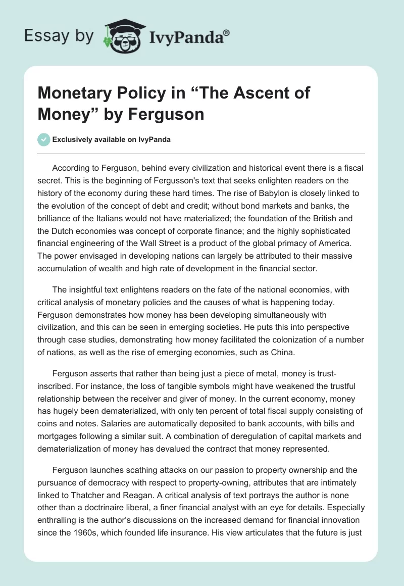 Monetary Policy in “The Ascent of Money” by Ferguson. Page 1