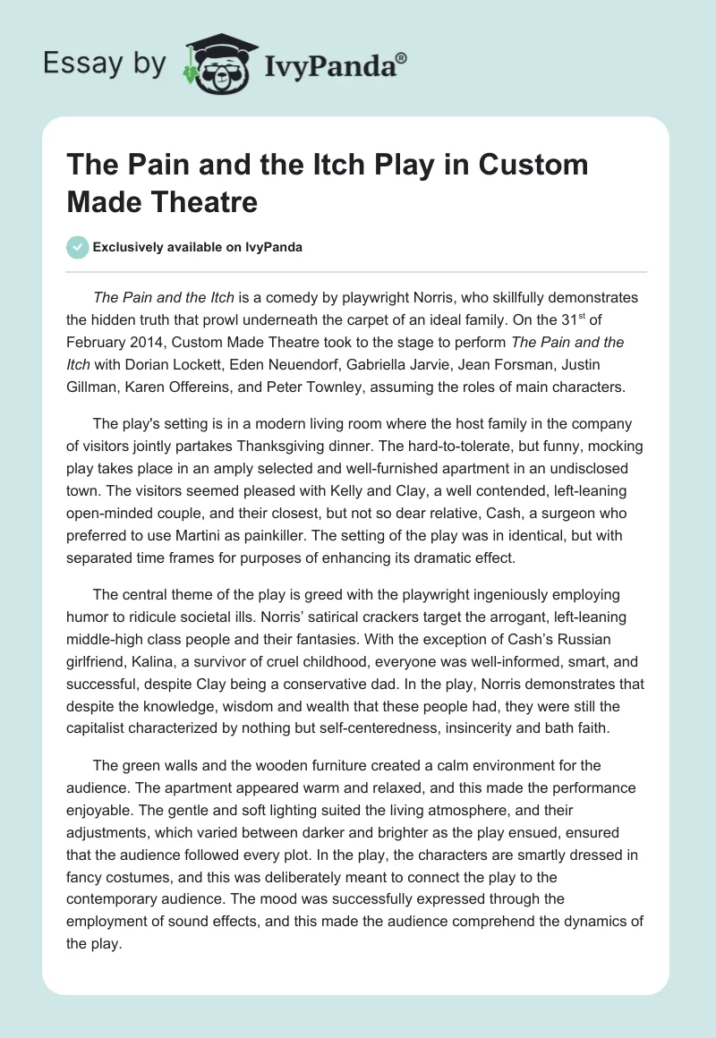 The Pain and the Itch Play in Custom Made Theatre. Page 1
