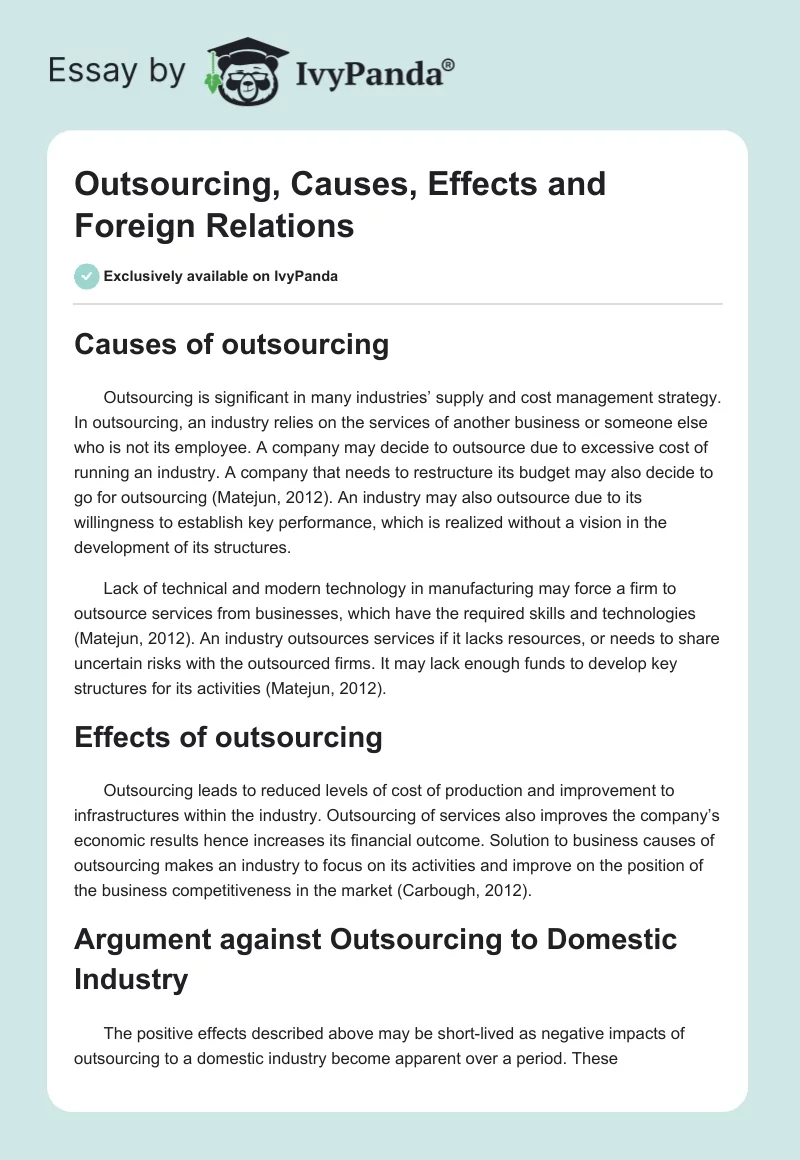 Outsourcing, Causes, Effects and Foreign Relations. Page 1