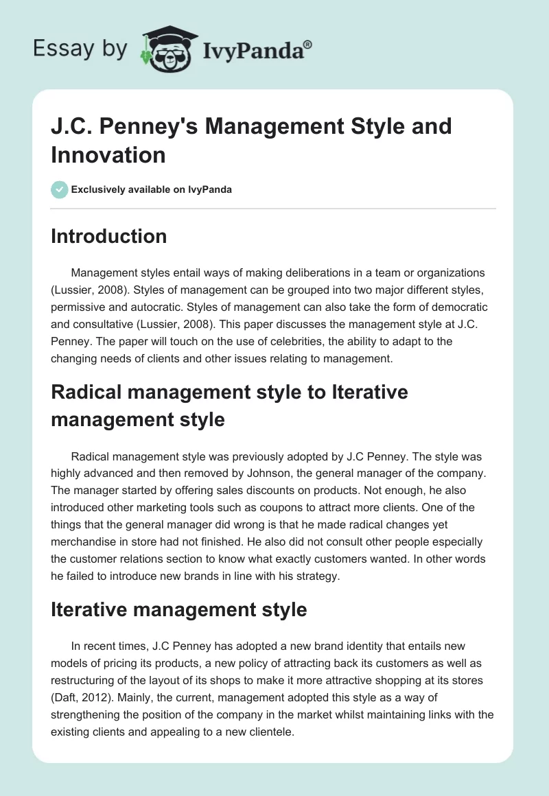 J.C. Penney's Management Style and Innovation. Page 1