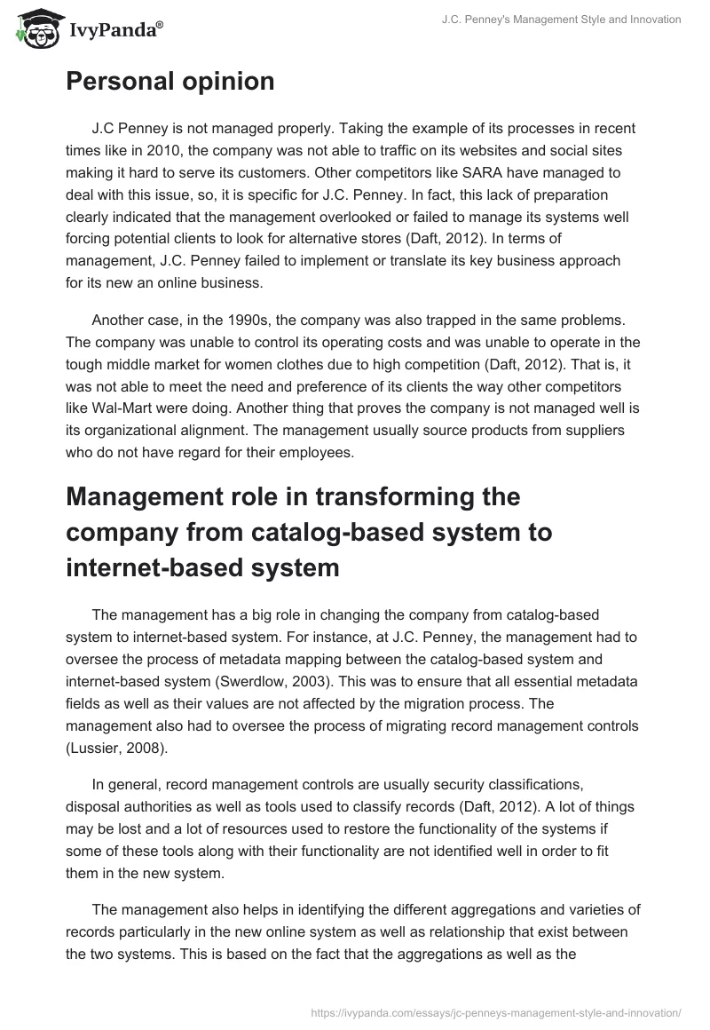 J.C. Penney's Management Style and Innovation. Page 2