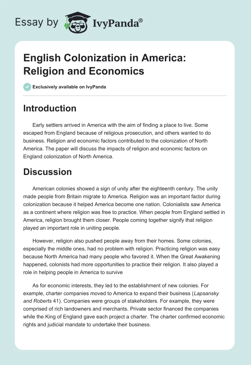 English Colonization in America: Religion and Economics. Page 1