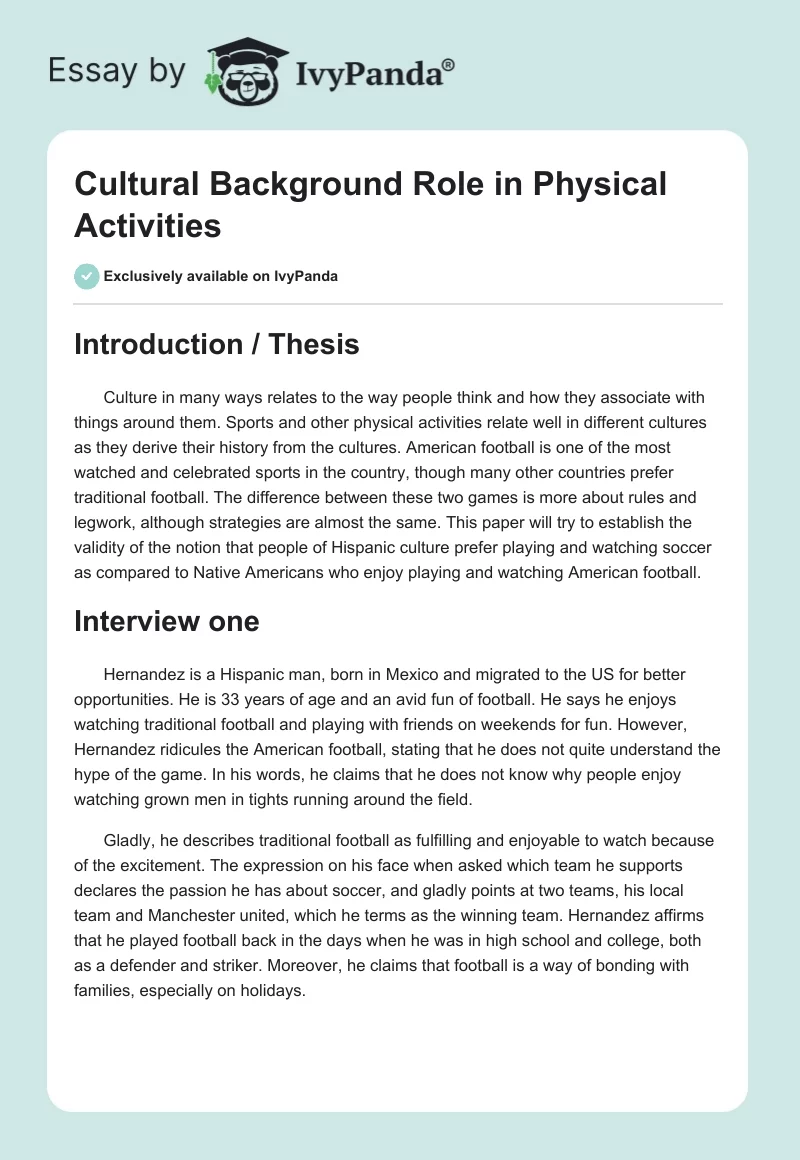 Cultural Background Role in Physical Activities. Page 1