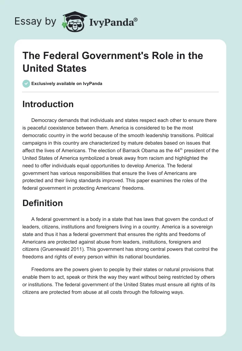 The Federal Government's Role in the United States. Page 1