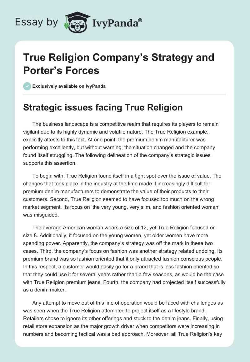 True Religion Company’s Strategy and Porter’s Forces. Page 1