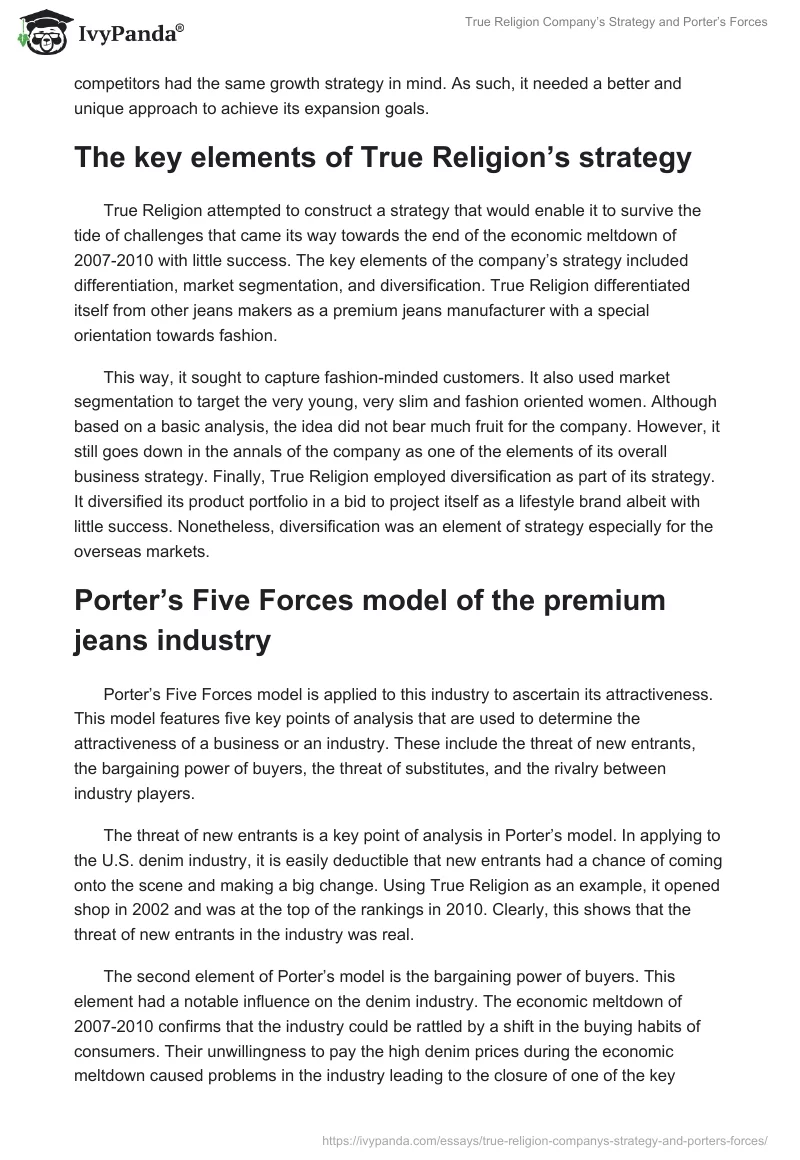 True Religion Company’s Strategy and Porter’s Forces. Page 2