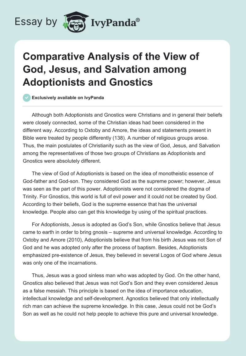 Comparative Analysis of the View of God, Jesus, and Salvation among Adoptionists and Gnostics. Page 1