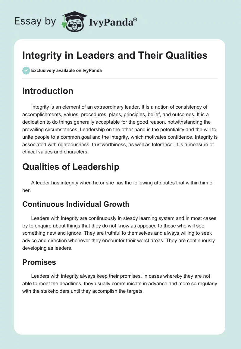 Integrity in Leaders and Their Qualities. Page 1