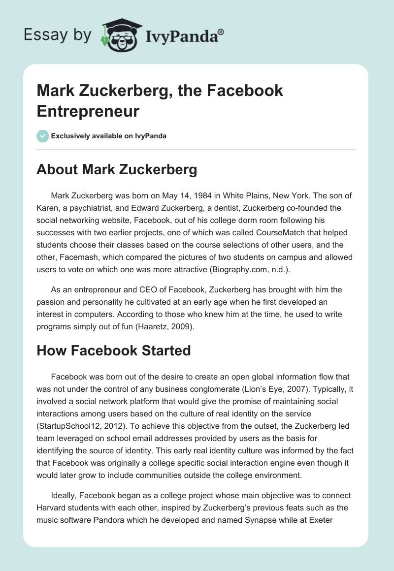 Mark Zuckerberg, the Facebook Entrepreneur. Page 1
