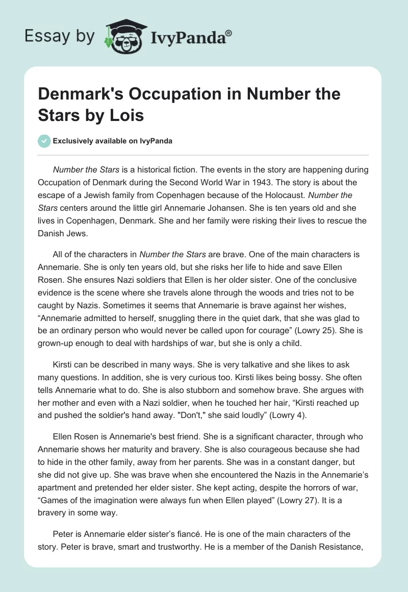 Denmark's Occupation in "Number the Stars" by Lois. Page 1