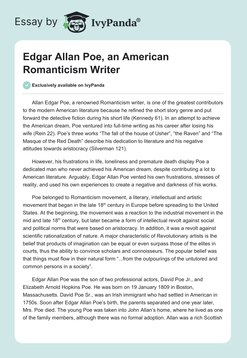 Edgar Allan Poe, an American Romanticism Writer. Page 1