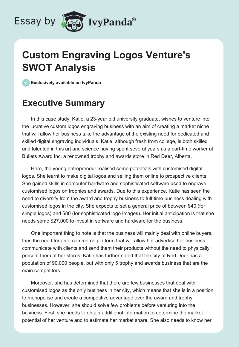 Custom Engraving Logos Venture's SWOT Analysis. Page 1
