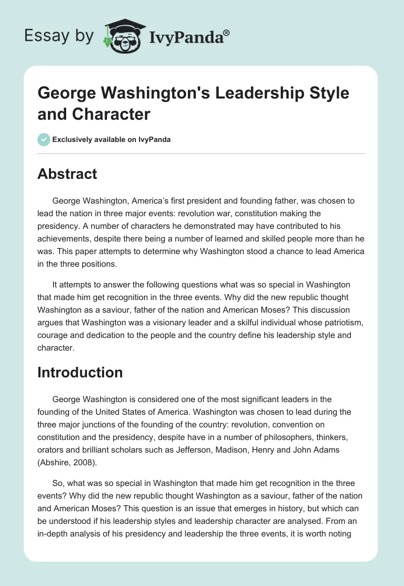 George Washington's Leadership Style and Character. Page 1