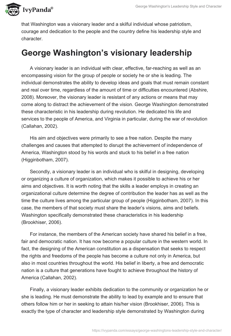 George Washington's Leadership Style and Character. Page 2