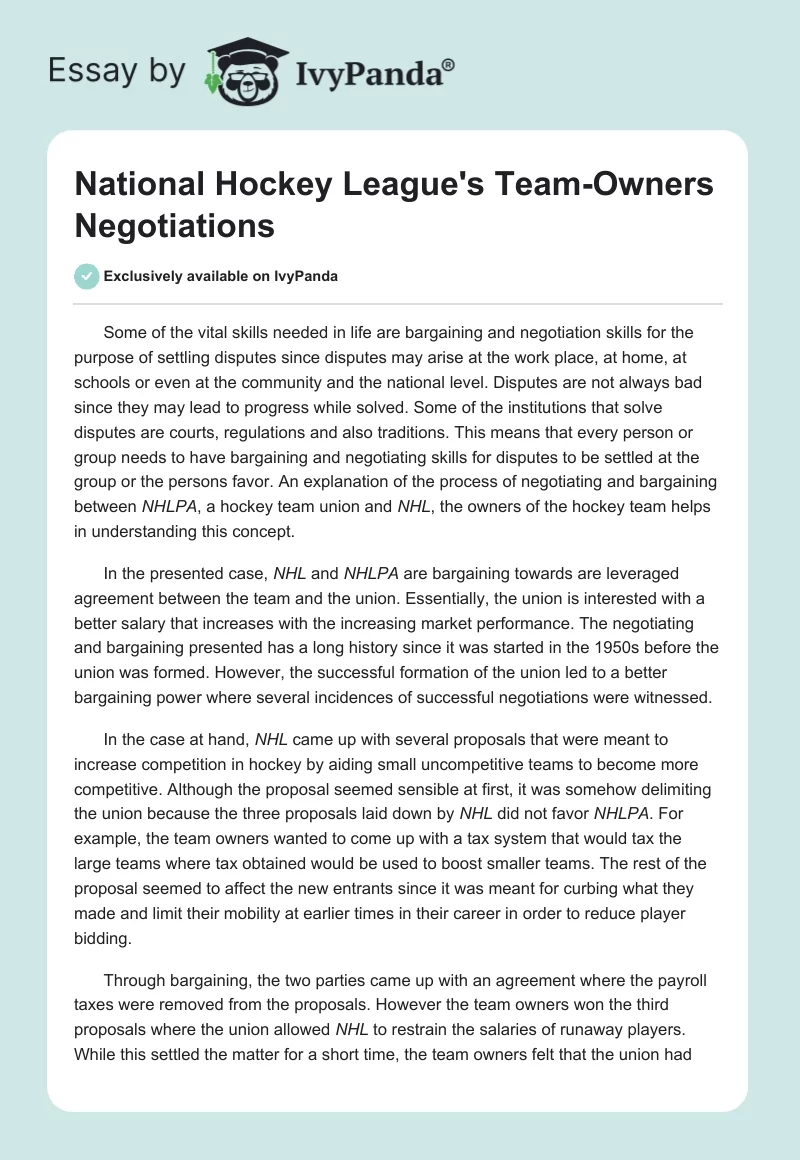 National Hockey League's Team-Owners Negotiations. Page 1
