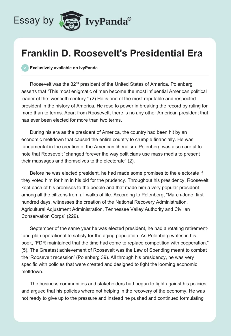 Franklin D. Roosevelt's Presidential Era. Page 1
